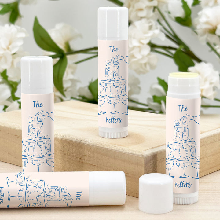 Personalized Lip Balm Wedding Favors, Hand Drawn Champagne Tower Sketch