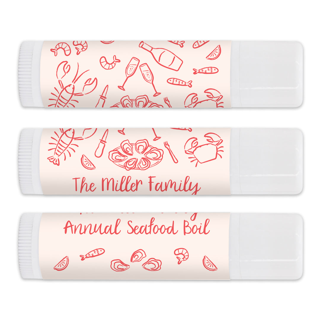 Personalized Lip Balm Favors, Coastal Party Favors, Oyster Roast, Hand Drawn Seafood Pattern Sketch