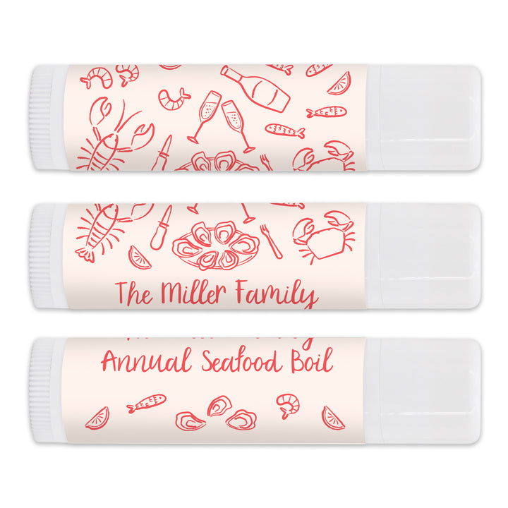 Personalized Lip Balm Favors, Coastal Party Favors, Oyster Roast, Hand Drawn Seafood Pattern Sketch