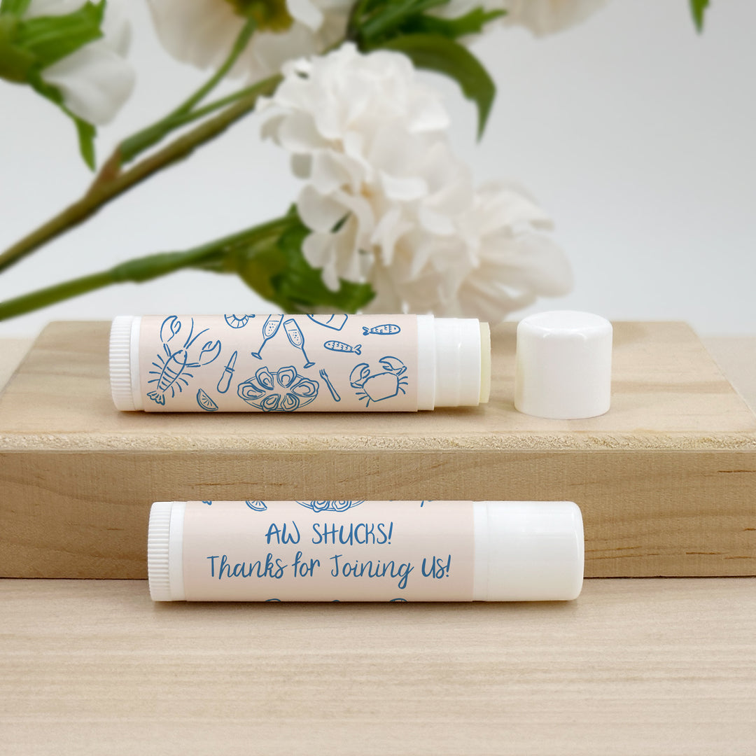 Personalized Lip Balm Favors, Coastal Party Favors, Oyster Roast, Hand Drawn Seafood Pattern Sketch