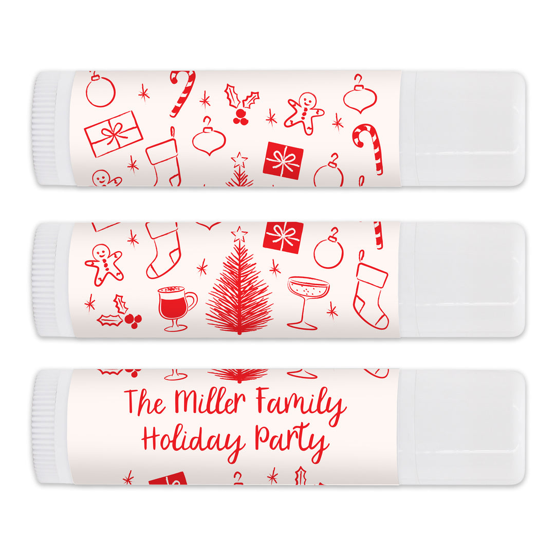 Christmas Stocking Stuffers, Personalized Lip Balm Gift, Lip Balm Party Favor, Hand Drawn Christmas Icon Pattern Sketch