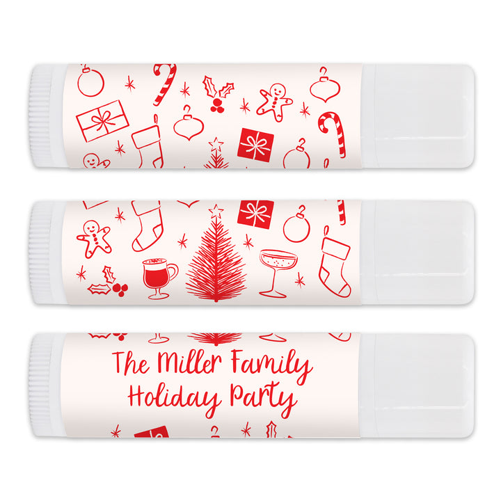 Christmas Stocking Stuffers, Personalized Lip Balm Gift, Lip Balm Party Favor, Hand Drawn Christmas Icon Pattern Sketch