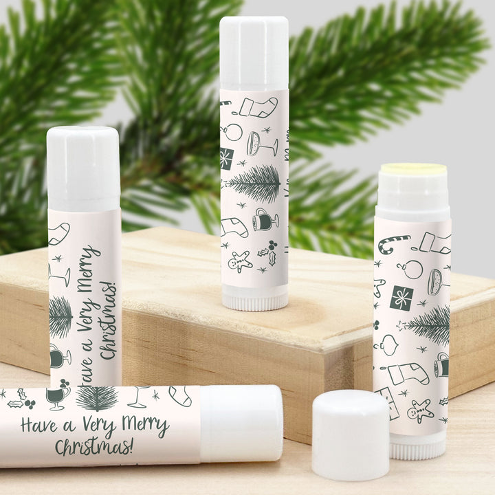 Christmas Stocking Stuffers, Personalized Lip Balm Gift, Lip Balm Party Favor, Hand Drawn Christmas Icon Pattern Sketch