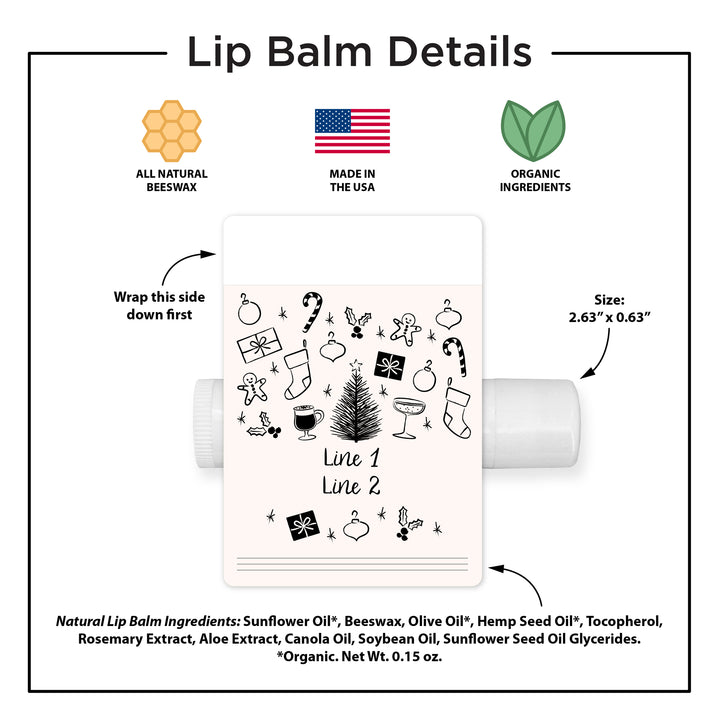 Christmas Stocking Stuffers, Personalized Lip Balm Gift, Lip Balm Party Favor, Hand Drawn Christmas Icon Pattern Sketch