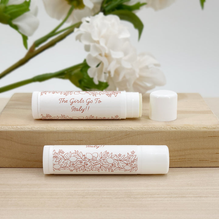 Personalized Lip Balm Favors, Wedding Favors, Bridal Shower Favor, Amalfi Coast Sketch Pattern, Hand Drawn Mediterranean Floral Lip Balm