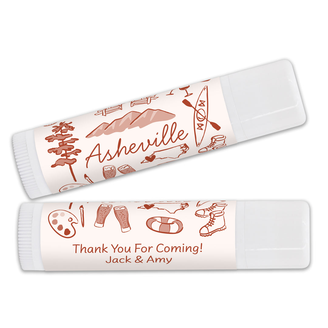 Personalized Lip Balm Wedding Favors, Girls Trip, Hand Drawn Asheville Lip Balm