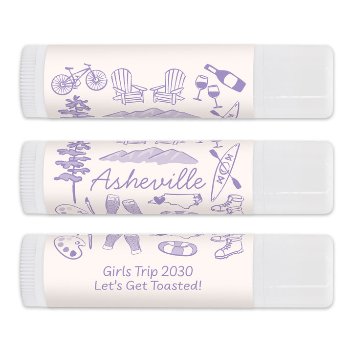 Personalized Lip Balm Wedding Favors, Girls Trip, Hand Drawn Asheville Lip Balm