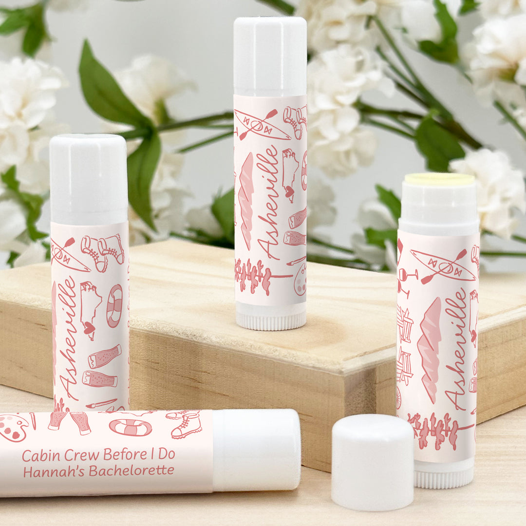 Personalized Lip Balm Wedding Favors, Girls Trip, Hand Drawn Asheville Lip Balm