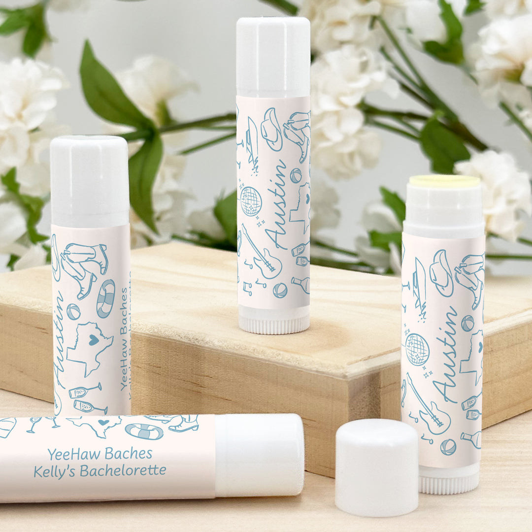 Personalized Lip Balm Wedding Favors, Girls Trip, Hand Drawn Austin Lip Balm