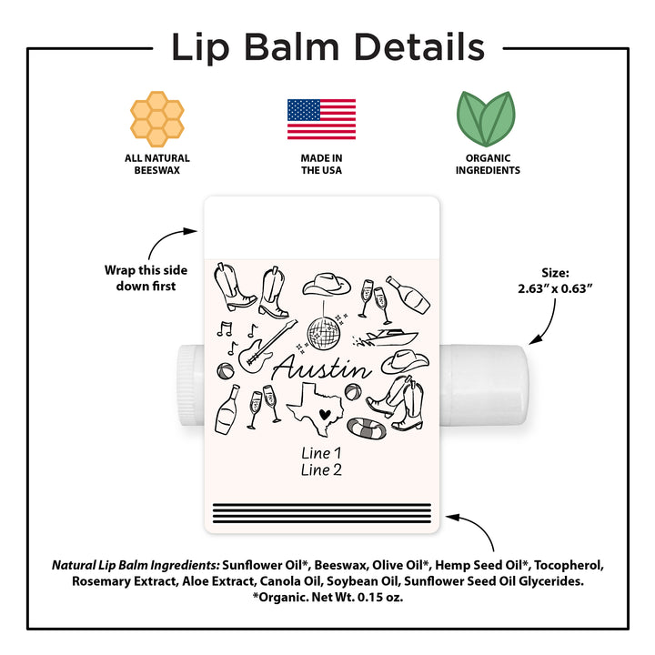 Personalized Lip Balm Wedding Favors, Girls Trip, Hand Drawn Austin Lip Balm