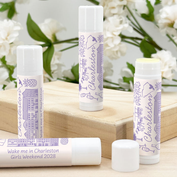 Personalized Lip Balm Wedding Favors, Girls Trip, Hand Drawn Charleston Lip Balm