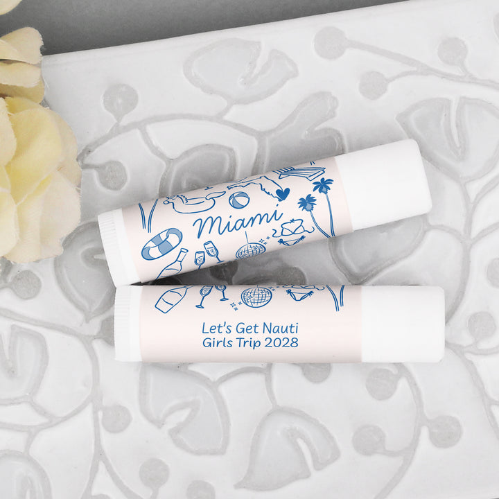 Personalized Lip Balm Wedding Favors, Girls Trip, Hand Drawn Miami Lip Balm