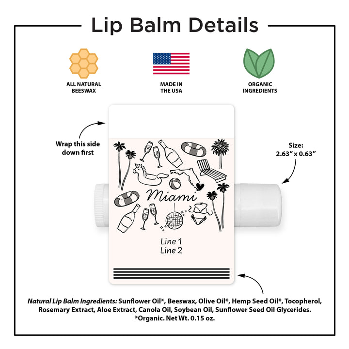 Personalized Lip Balm Wedding Favors, Girls Trip, Hand Drawn Miami Lip Balm