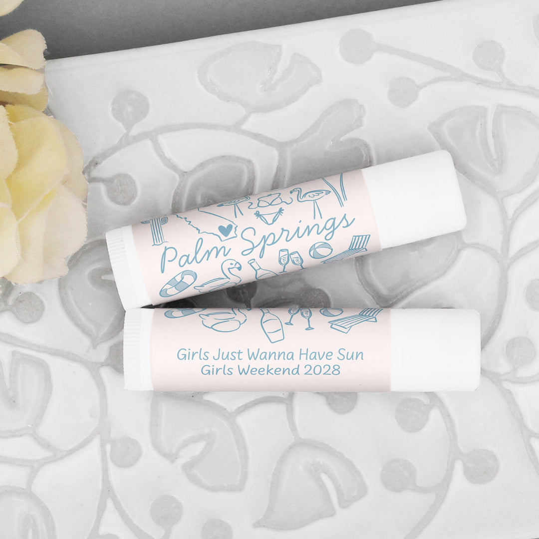Personalized Lip Balm Wedding Favors, Girls Trip, Hand Drawn Palm Springs Lip Balm