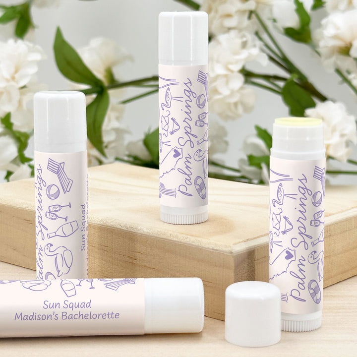 Personalized Lip Balm Wedding Favors, Girls Trip, Hand Drawn Palm Springs Lip Balm