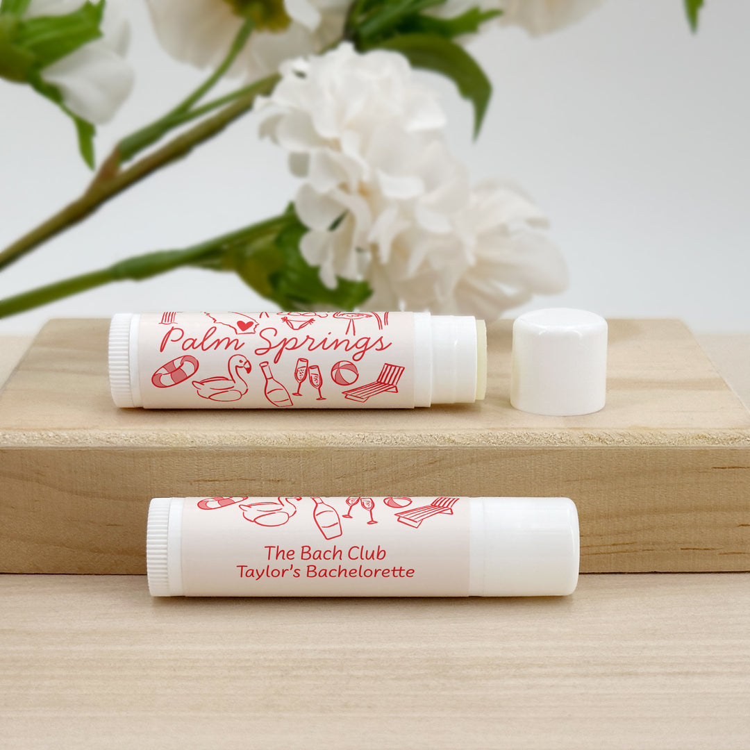 Personalized Lip Balm Wedding Favors, Girls Trip, Hand Drawn Palm Springs Lip Balm