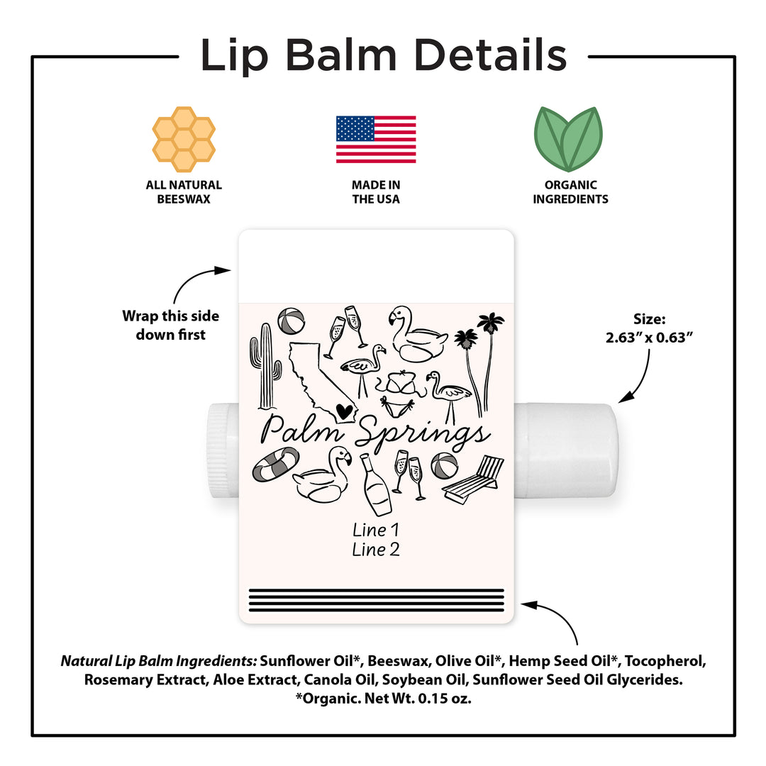 Personalized Lip Balm Wedding Favors, Girls Trip, Hand Drawn Palm Springs Lip Balm