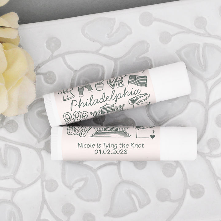 Personalized Lip Balm Wedding Favors, Girls Trip, Hand Drawn Philadelphia Bachelorette Lip Balm