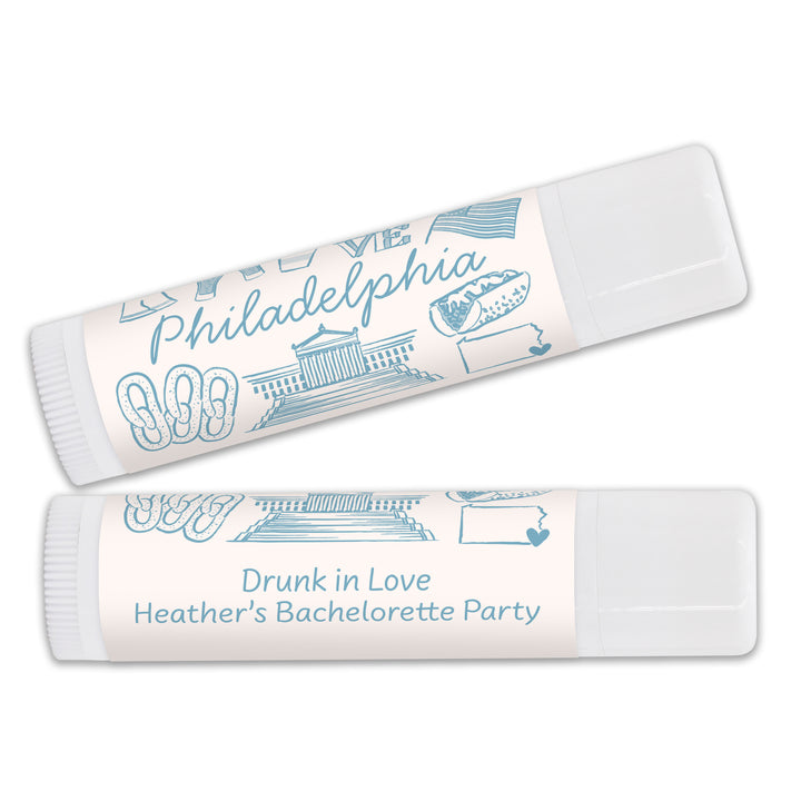 Personalized Lip Balm Wedding Favors, Girls Trip, Hand Drawn Philadelphia Bachelorette Lip Balm