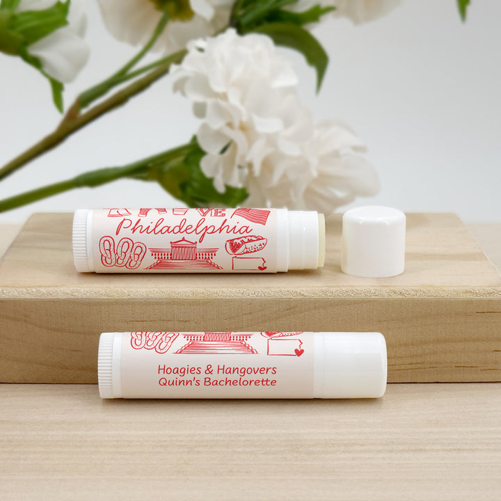 Personalized Lip Balm Wedding Favors, Girls Trip, Hand Drawn Philadelphia Bachelorette Lip Balm