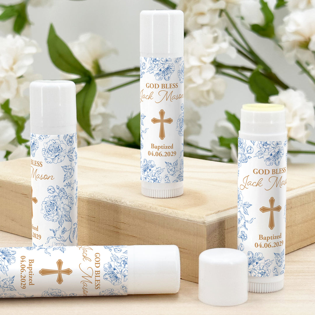 Personalized Lip Balm Baptism Favors, First Holy Communion Favors, Chinoiserie Toile Lip Balm