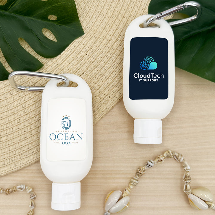 Custom Sunscreen with Carabiner, Custom Sunscreen, Personalized Sunscreen, Promotional Sunscreen Favors, Custom Party Favors