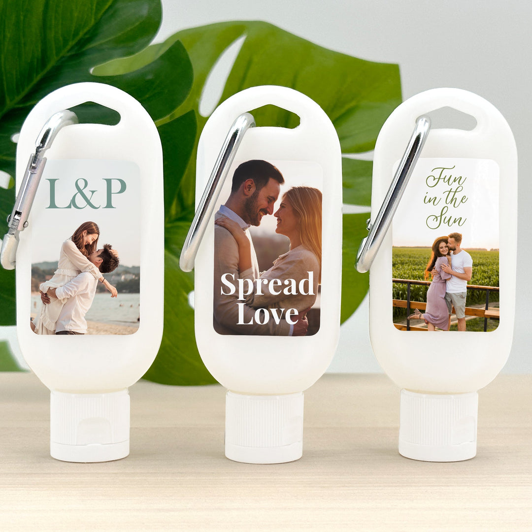 Custom Sunscreen with Carabiner, Wedding Sunscreen Favors, Custom Baby Shower Sunscreen, Personalized Birthday Party Sunscreen, Custom Party Favors (SPF 30)