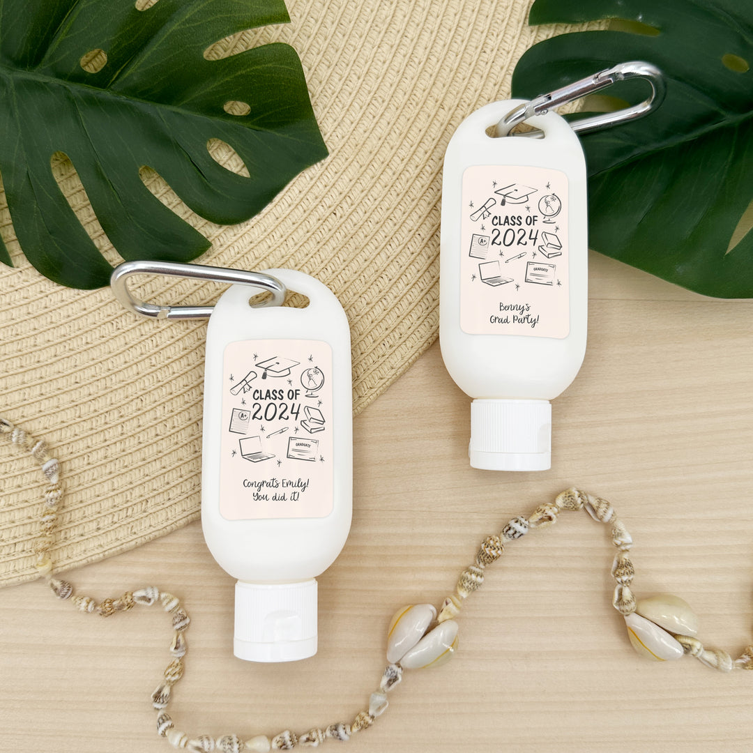Graduation Favor Sunscreen with Carabiner, Hand Drawn Grad Icon Pattern Sketch