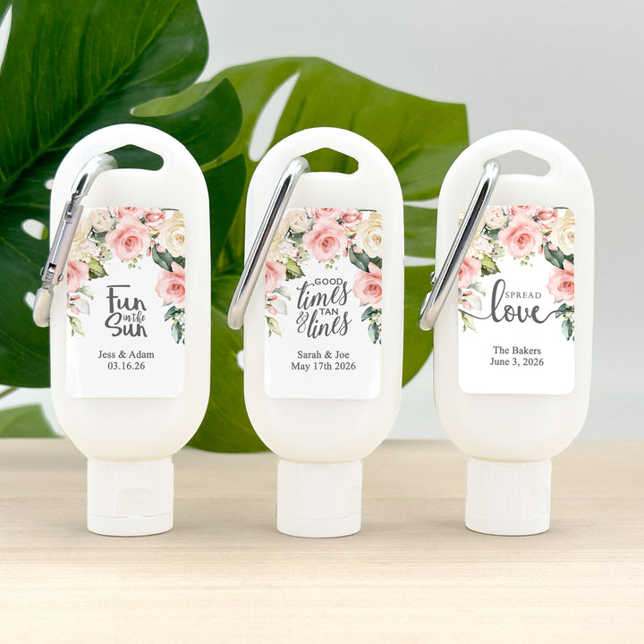 Wedding Favor Sunscreen, Garden Wedding, Pink Rose Favor, Sunscreen Favors with Carabiner, Bridal Shower Favors, Bachelorette