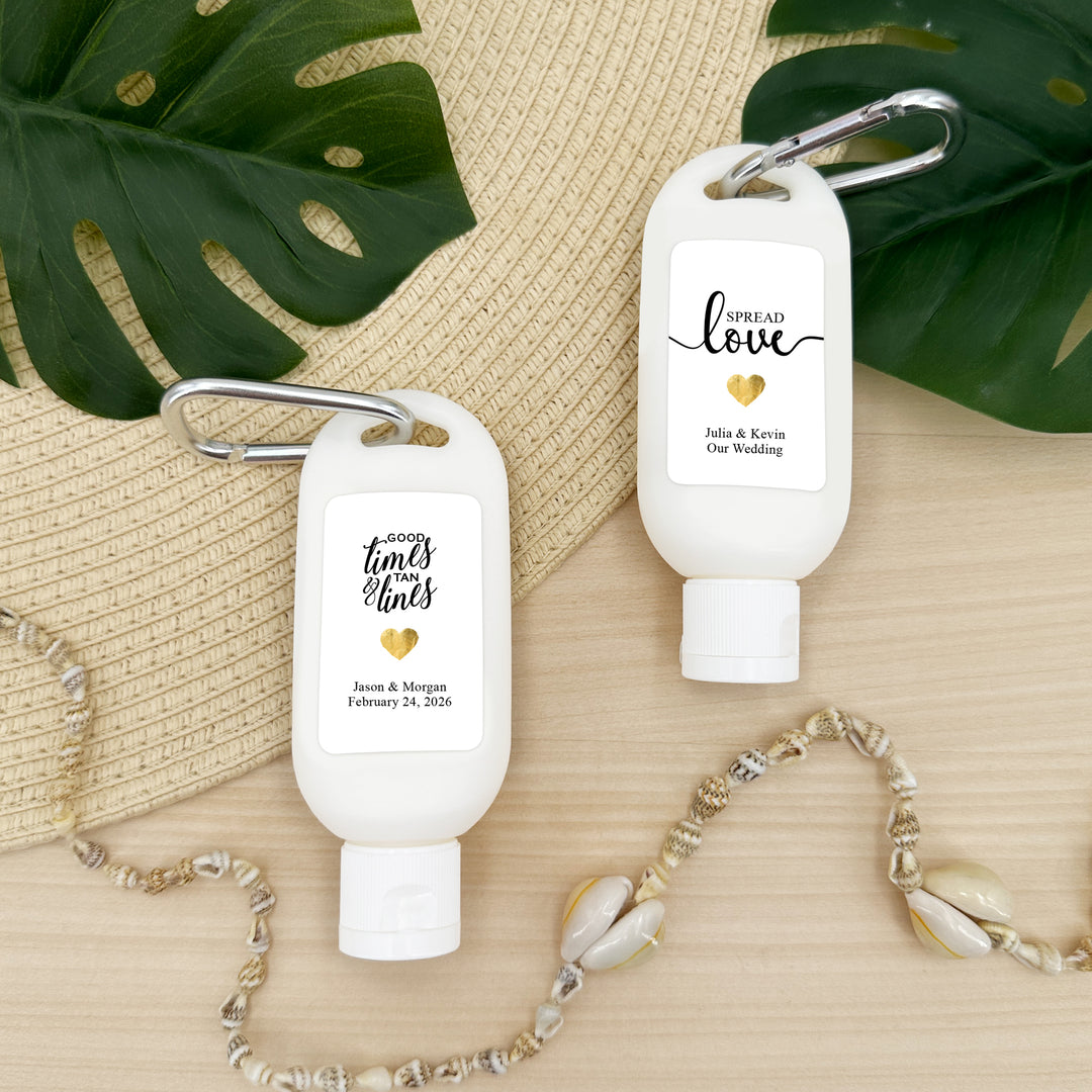 Wedding Favors, Custom Sunscreen Favors with Carabiner, Bridal Shower, Bachelorette Party, Good Times and Tan Lines