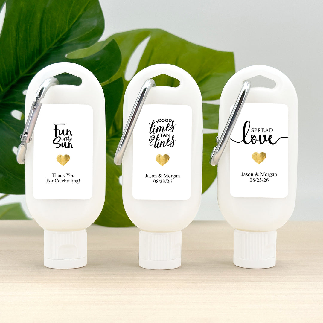 Wedding Favors, Custom Sunscreen Favors with Carabiner, Bridal Shower, Bachelorette Party, Good Times and Tan Lines