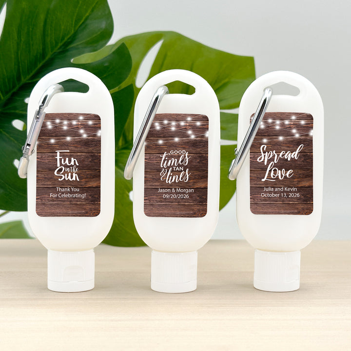 Mini Sunscreen Favors with Carabiner, Rustic Firefly Favors, Outdoor Wedding, Bridal Shower, Bachelorette Party, Fun in the Sun