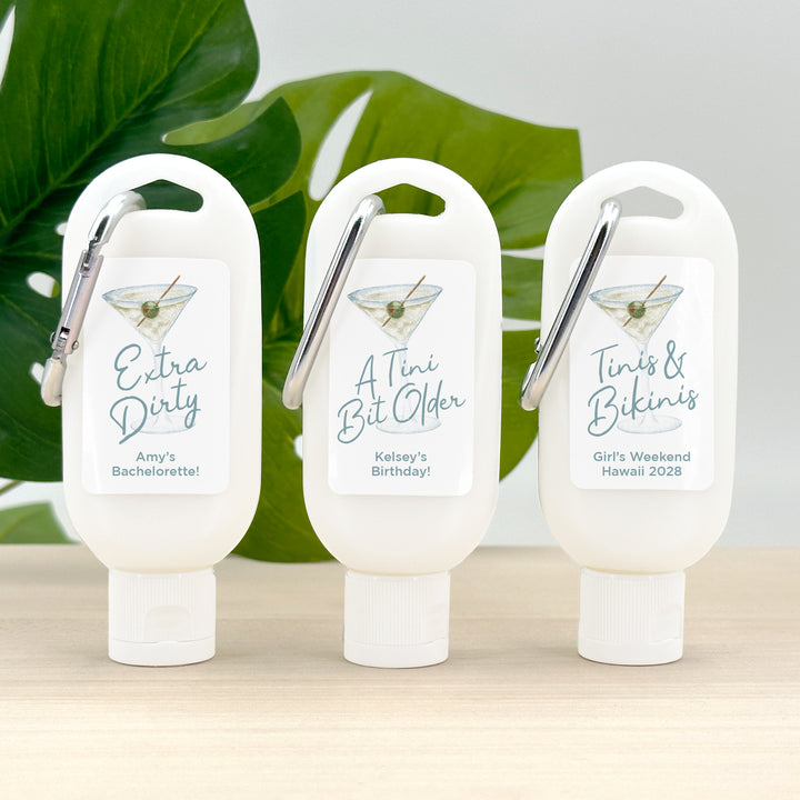 Personalized Carabiner Sunscreen Favor, Birthday Party, Bachelorette Favors, A Tini Bit Older, Martini Sunscreen