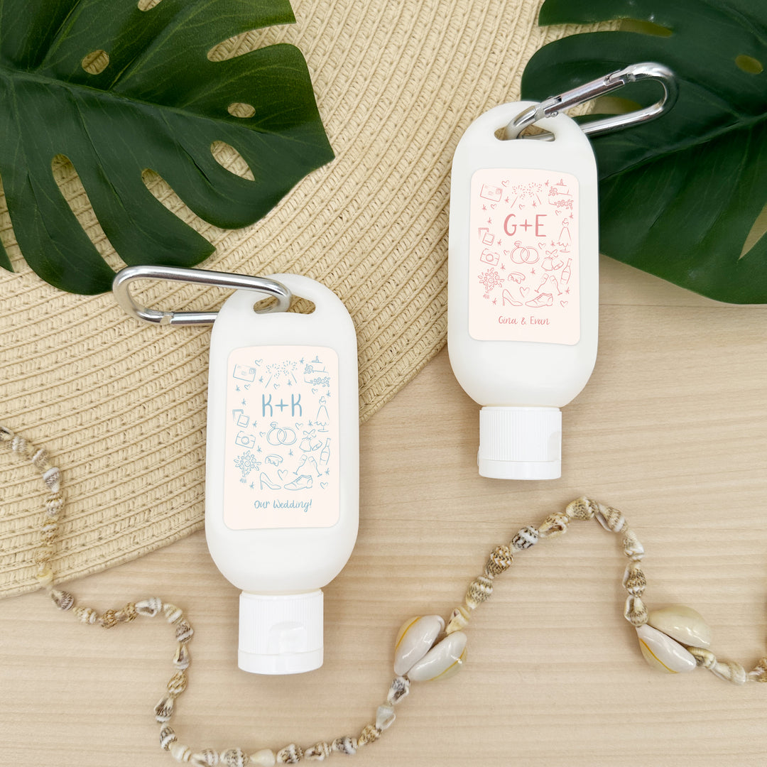 Wedding Favor Sunscreen with Carabiner, Hand Drawn Wedding Icon Pattern Sketch