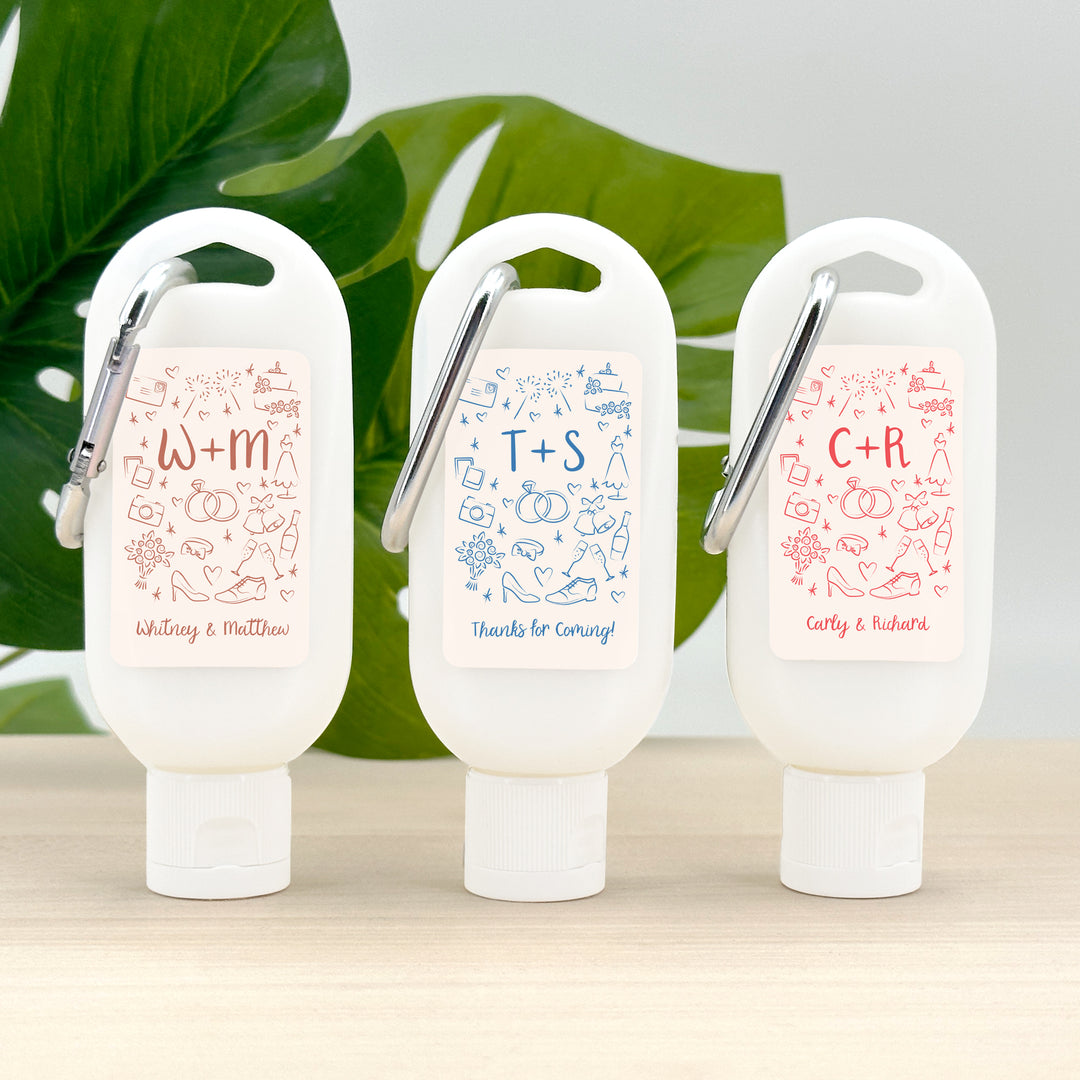 Wedding Favor Sunscreen with Carabiner, Hand Drawn Wedding Icon Pattern Sketch