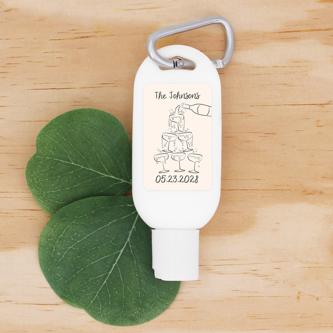 Wedding Favor Sunscreen with Carabiner, Hand Drawn Champagne Tower Sketch