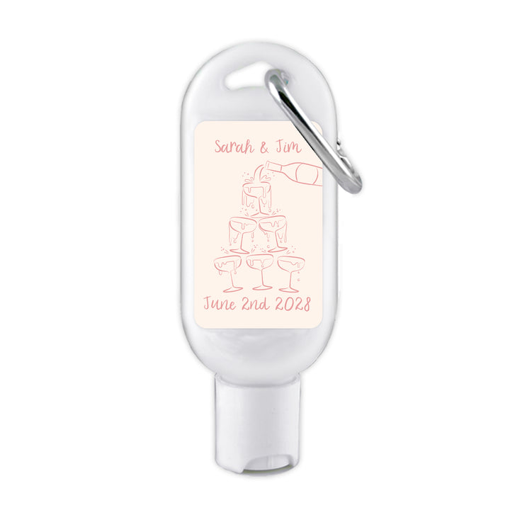 Wedding Favor Sunscreen with Carabiner, Hand Drawn Champagne Tower Sketch
