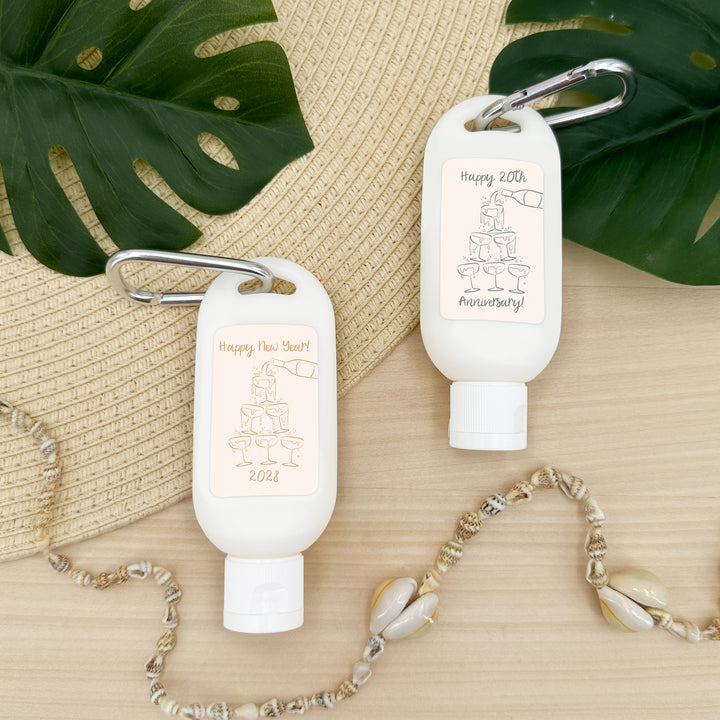 Wedding Favor Sunscreen with Carabiner, Hand Drawn Champagne Tower Sketch