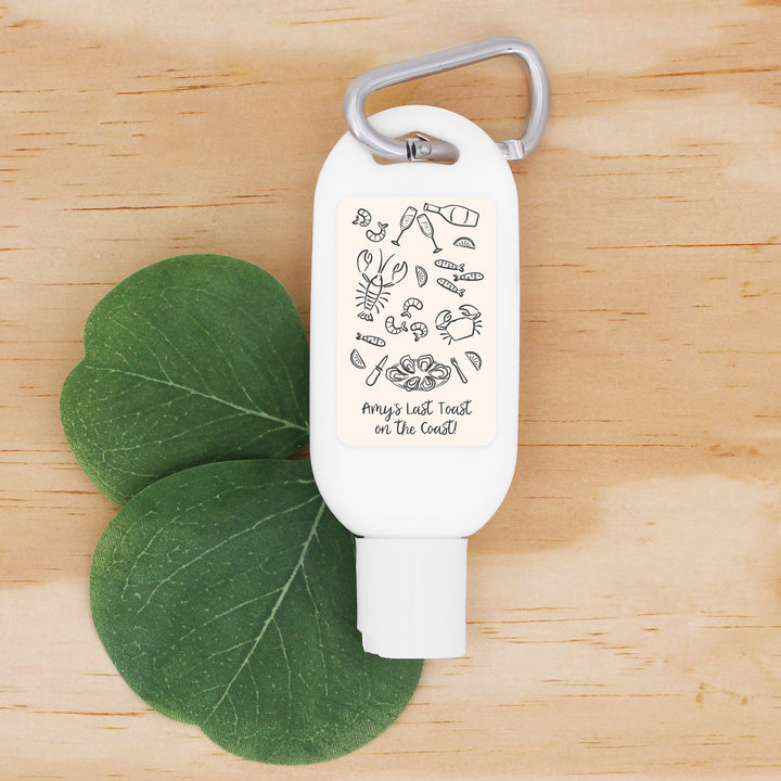 Wedding Favor Sunscreen with Carabiner, Coastal Party, Oyster Roast, Hand Drawn Seafood Pattern Sketch