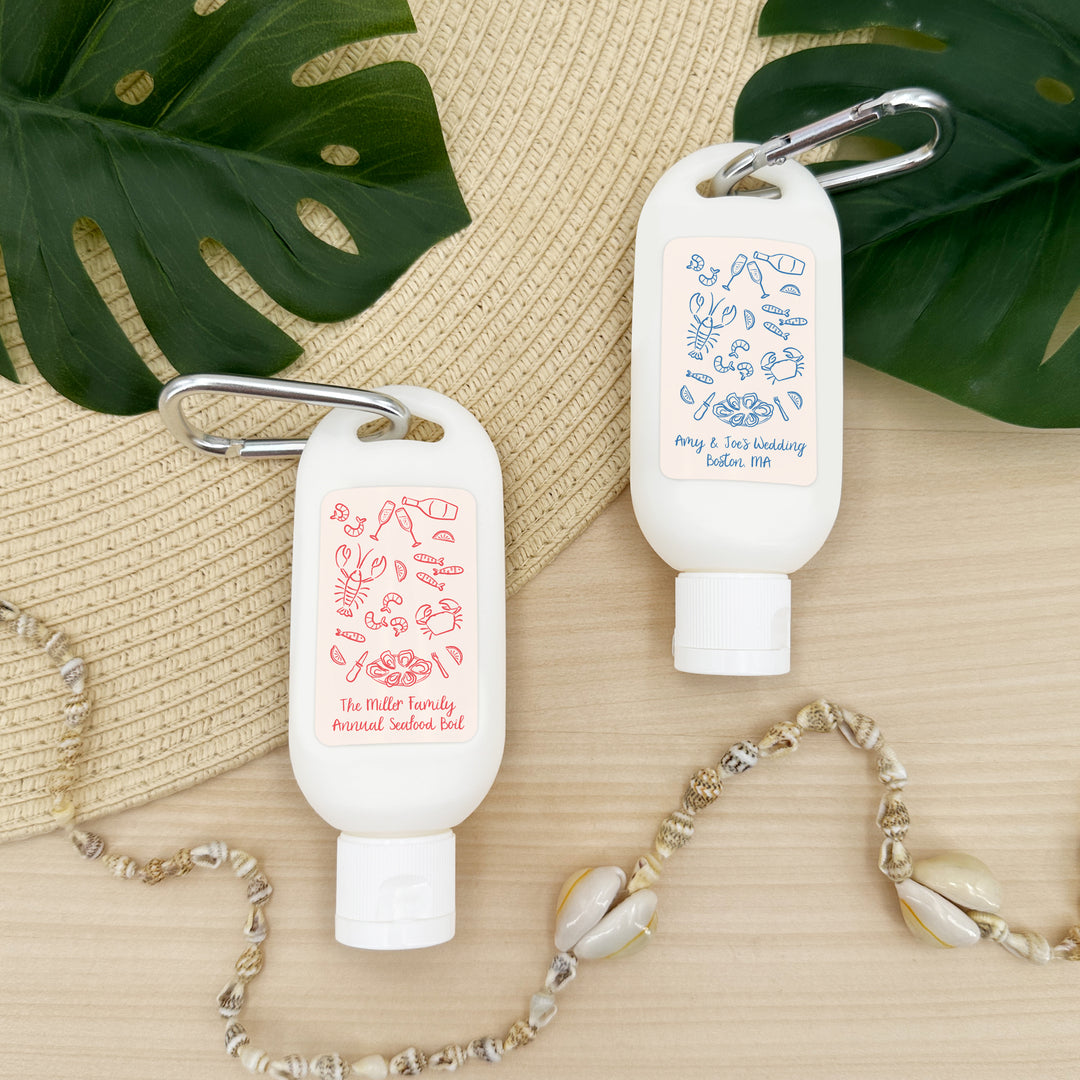 Wedding Favor Sunscreen with Carabiner, Coastal Party, Oyster Roast, Hand Drawn Seafood Pattern Sketch