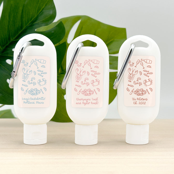 Wedding Favor Sunscreen with Carabiner, Coastal Party, Oyster Roast, Hand Drawn Seafood Pattern Sketch