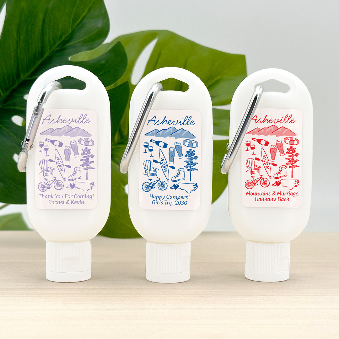 Sunscreen with Carabiner Favor, Girls Trip, Asheville Bachelorette Carabiner Sunscreen