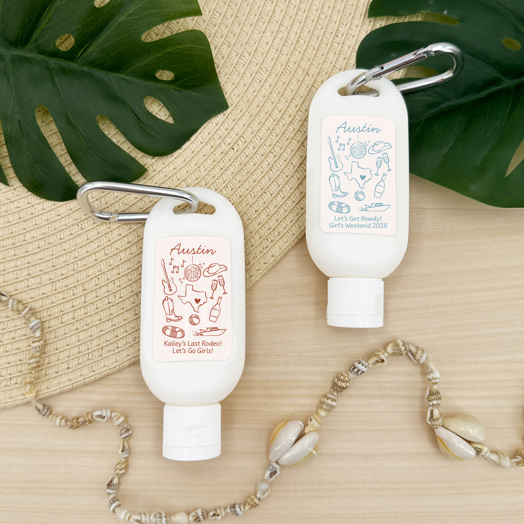 Sunscreen with Carabiner Favor, Girls Trip, Austin Bachelorette Carabiner Sunscreen