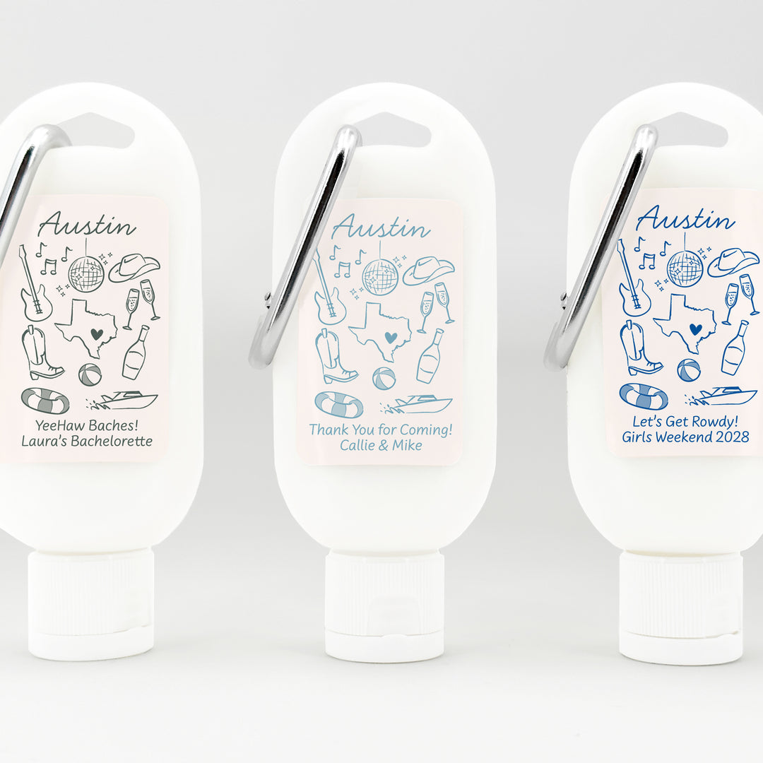 Sunscreen with Carabiner Favor, Girls Trip, Austin Bachelorette Carabiner Sunscreen