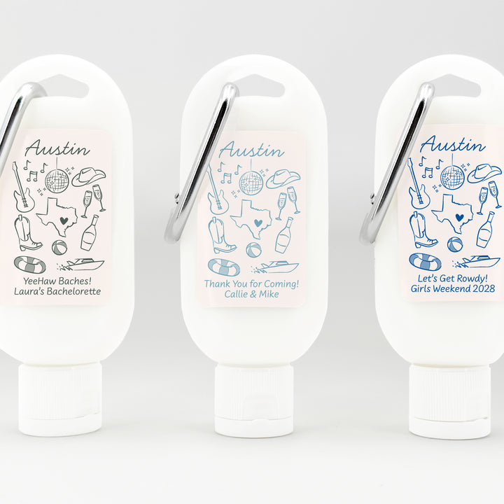 Sunscreen with Carabiner Favor, Girls Trip, Austin Bachelorette Carabiner Sunscreen