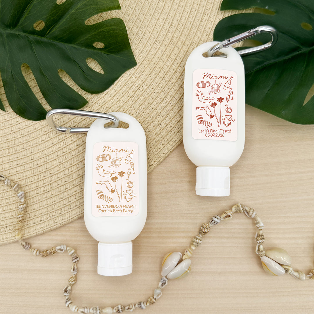 Sunscreen with Carabiner Favor, Girls Trip, Miami Bachelorette Carabiner Sunscreen