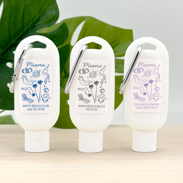 Sunscreen with Carabiner Favor, Girls Trip, Miami Bachelorette Carabiner Sunscreen