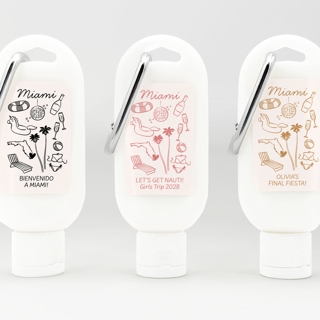 Sunscreen with Carabiner Favor, Girls Trip, Miami Bachelorette Carabiner Sunscreen