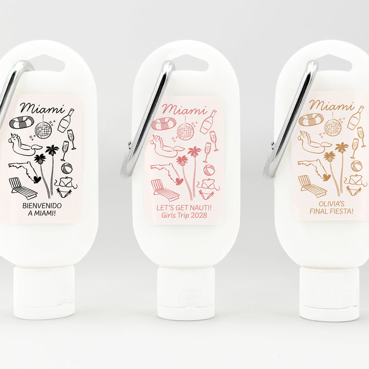 Sunscreen with Carabiner Favor, Girls Trip, Miami Bachelorette Carabiner Sunscreen