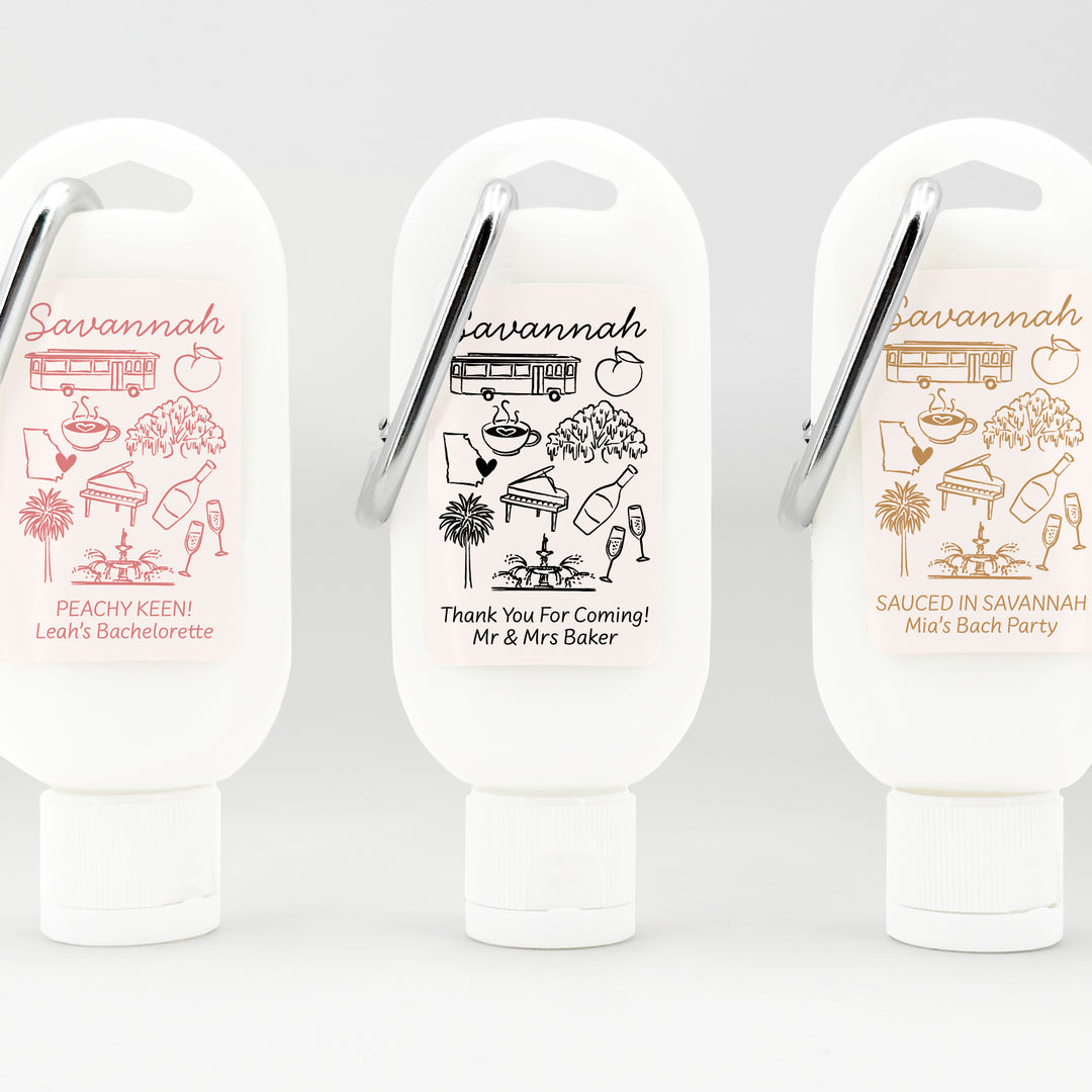 Sunscreen with Carabiner Favor, Girls Trip, Savannah Bachelorette Carabiner Sunscreen